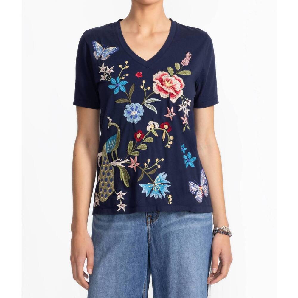 NEW JOHNNY WAS nicolette v‑neck short sleeve tee in blue night